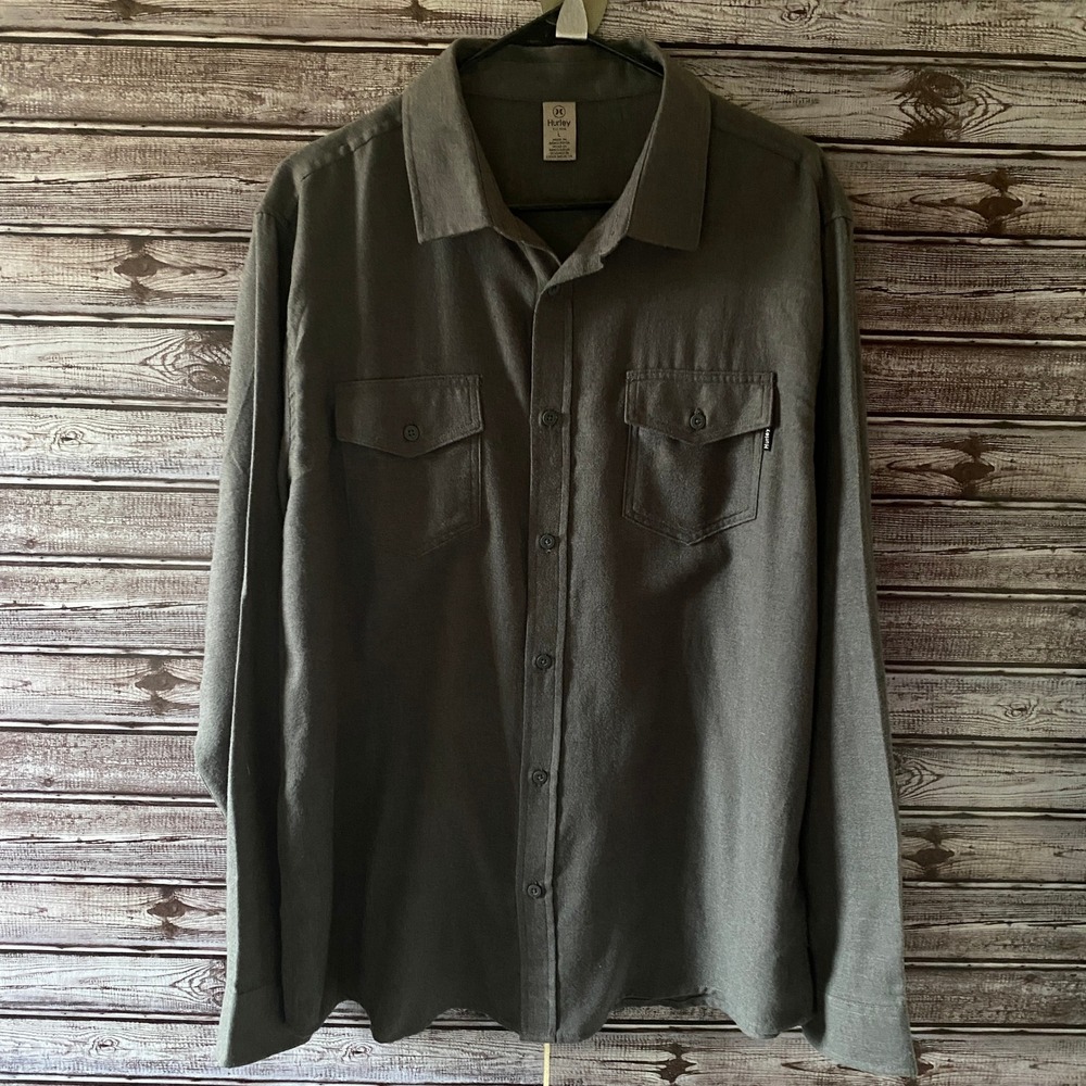 Hurley Men's Long-Sleeved Button-Down Shirt Size‎ L Gray Logo Flannel-Like